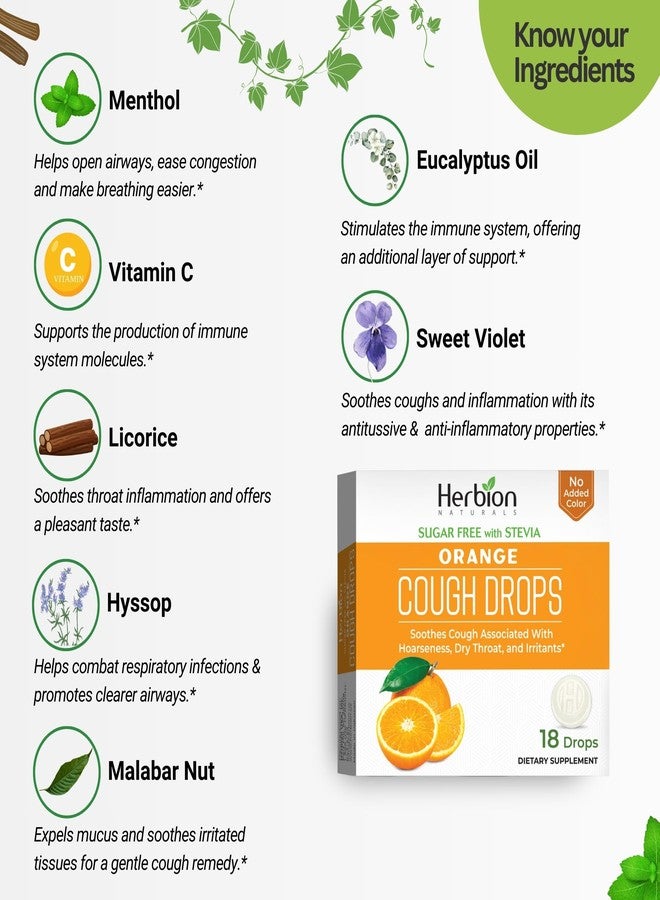 HERBION Naturals Cough Drops, Sugar-Free with Stevia, Dietary Supplement, Soothes Cough, for Adults & Children Over 6 Years, 18 Drops Each, 108 Count, Orange, Pack of 6 - Image 3